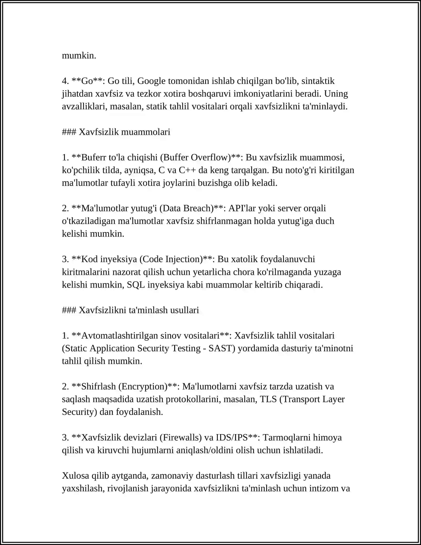 DASTURLASHDA XAVFSIZLIK VA ULARNI TA'MINLASH USULLARI HAQIDA YOZING 4
