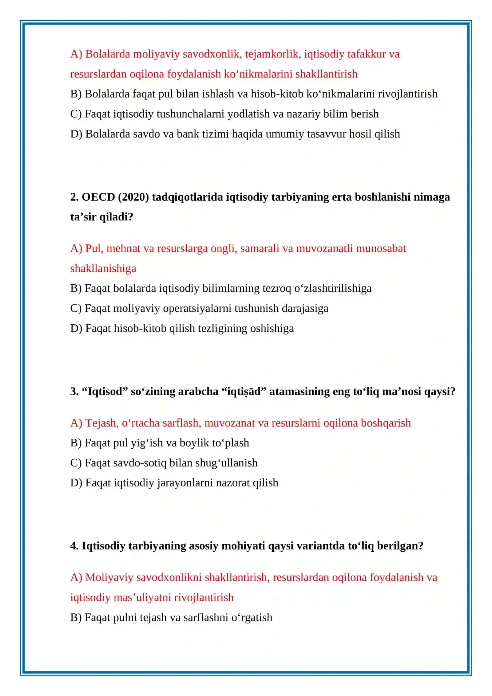 IQTISODIY SAVODXONLIK FANIDAN TAYYORLAGAN TEST. JAVOBLARI BILAN 4