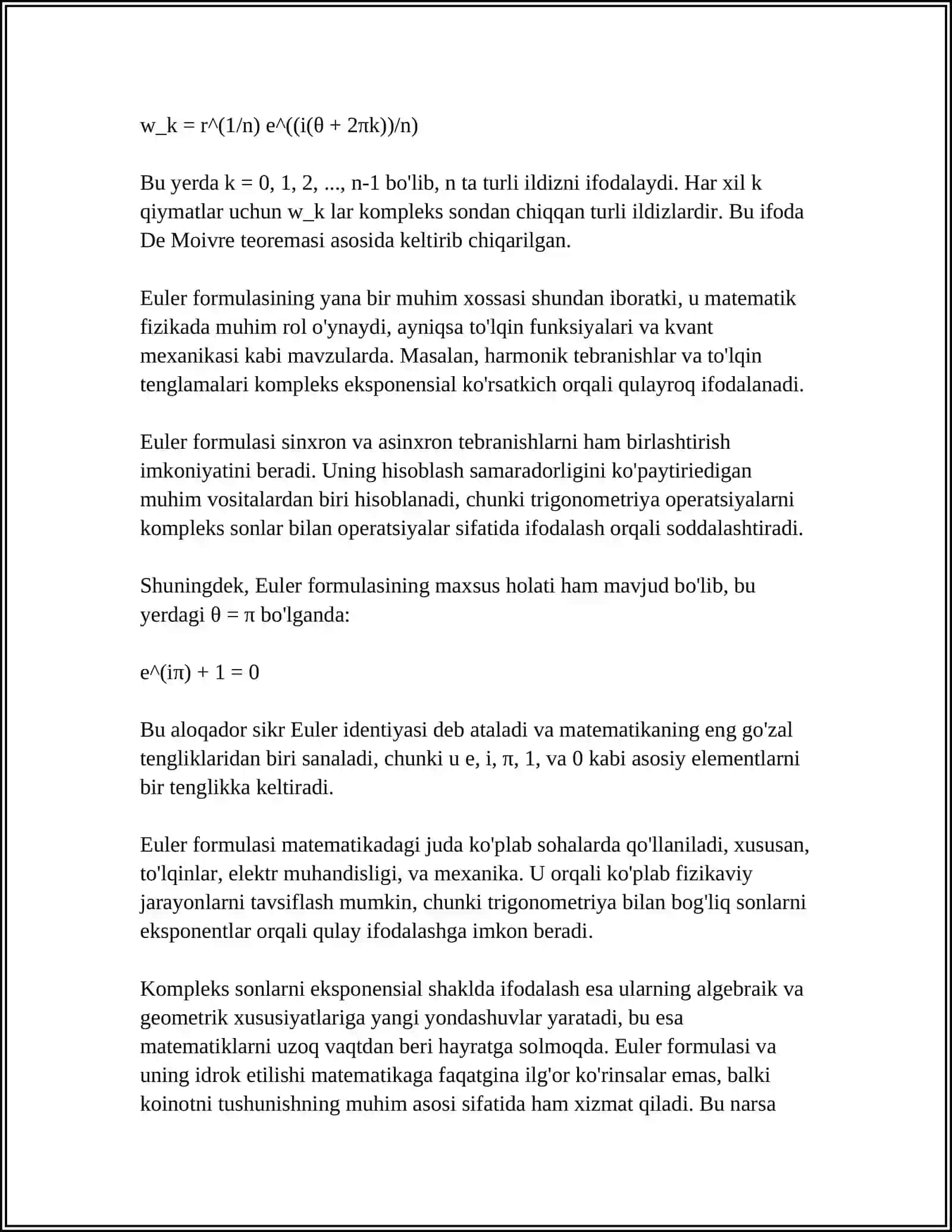 KOMPLEKS SONDAN ILDIZ CHIQARISH. EYLER FORMULALARI 4