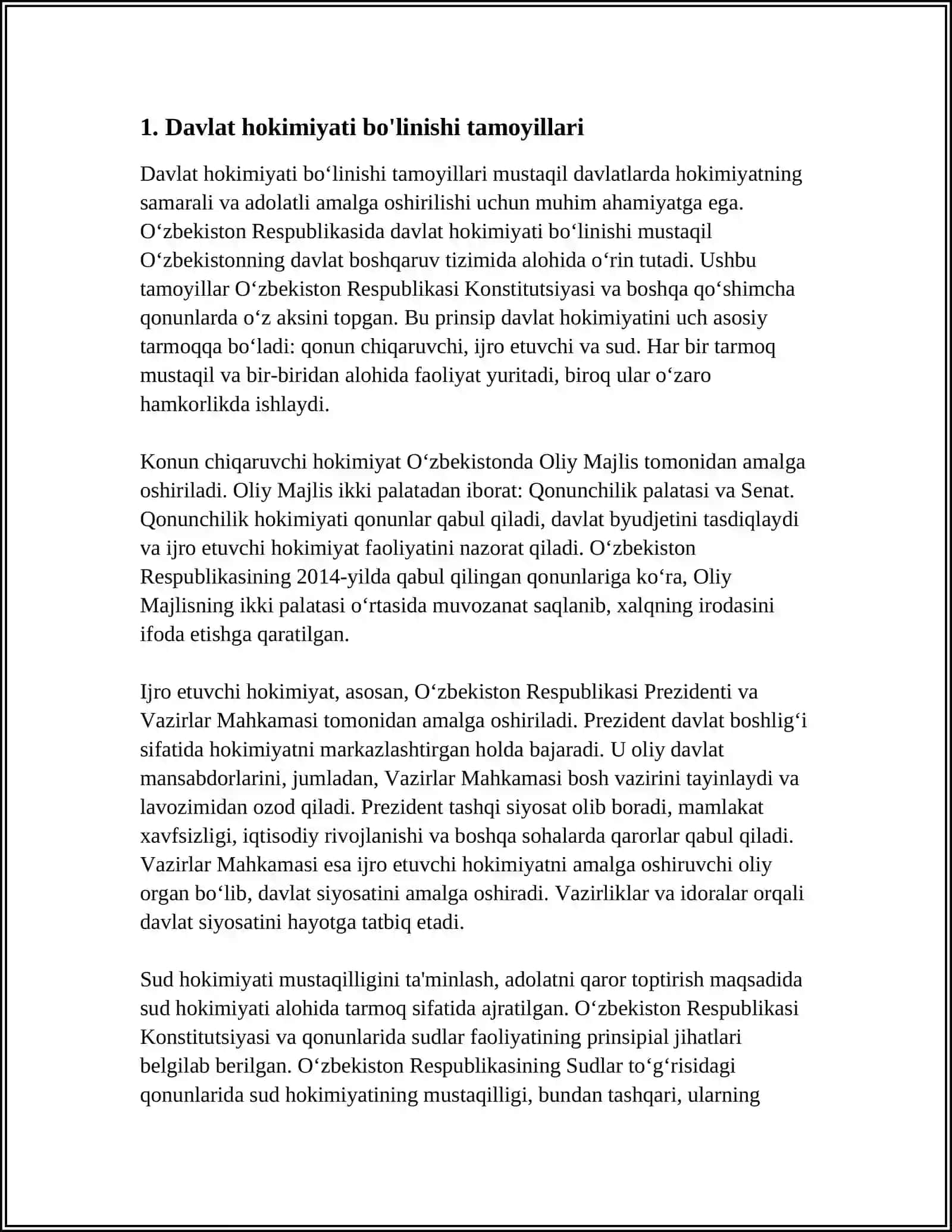 MILLIY DAVLAT BOSHQARUV TIZIMI. MUSTAQIL O'ZBEKISTONDA HOKIMIYATLAR BO'LINISHI 4