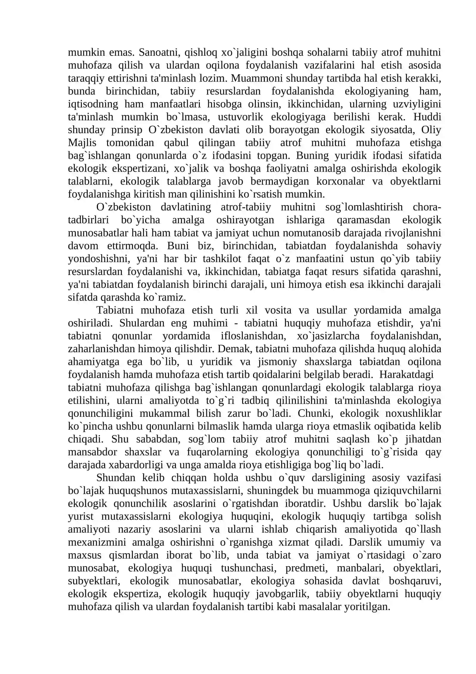 Ekologiya huquqi: Oliy iquv yurtlarining huquqshunoslik mutaxassisligi biyicha ta'lim olayotgan talabalari uchun 4