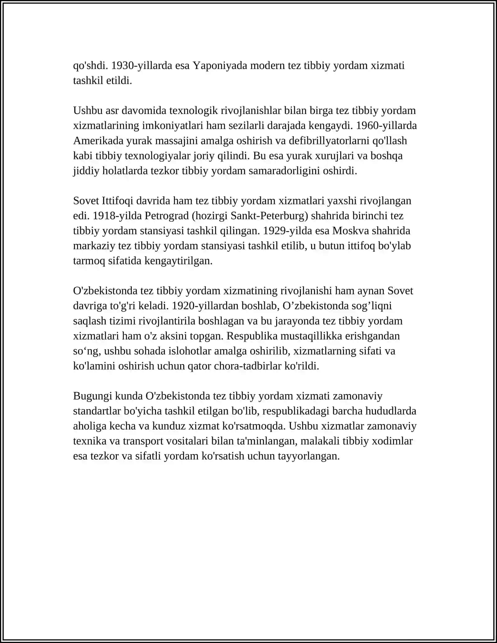 TEZ TIBBIY YORDAM STANSIYALARINING ISH FAOLIYATINING MAZMUNI, ASOSIY VAZIFALARI, ISH FAOLIYATINI TAHLILI 4