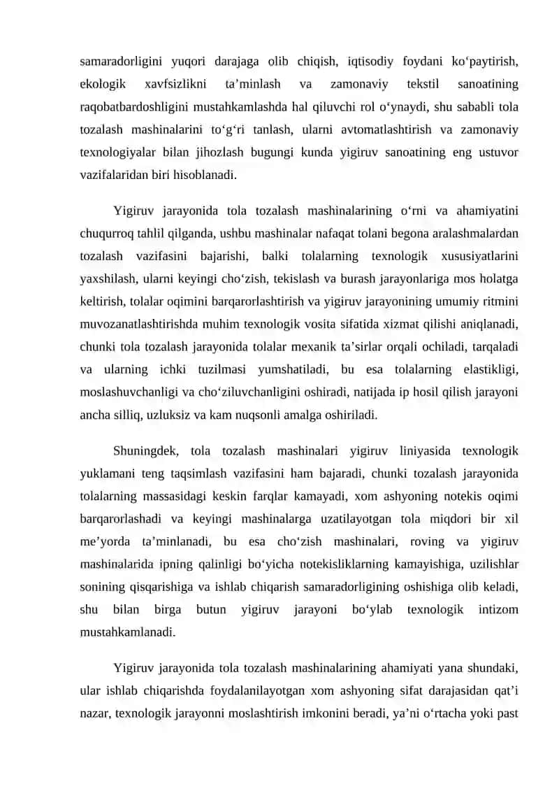Yigiruv jarayonidagi avtomatlashtirilgan tola tozalash mashinalarini tadqiq etish 4