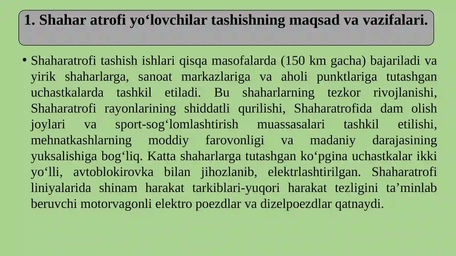 Shahar atrofi yo‘lovchilar tashishni tashkil etish bo‘yicha umumiy ma’lumotlar 4