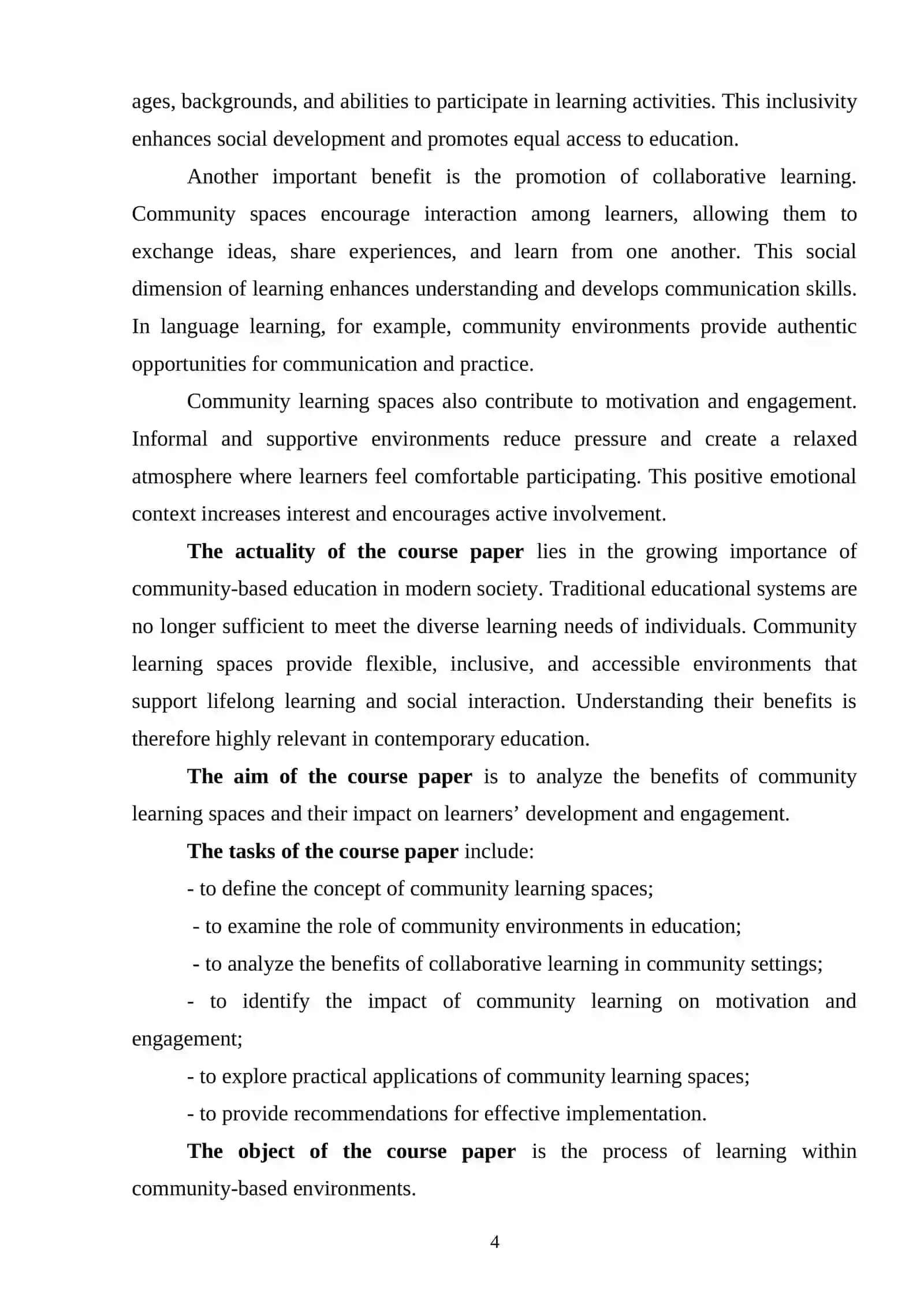Course Paper on The Benefits of Community Learning Spaces 4