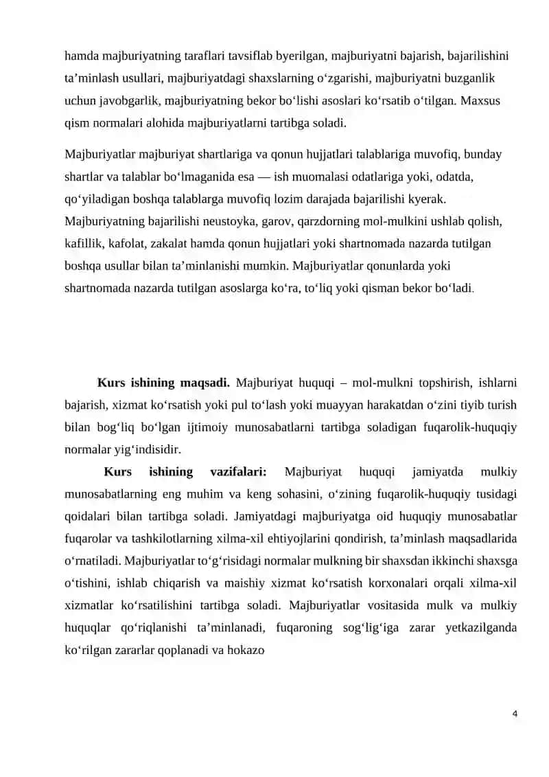 MAJBURIYAT HUQUQI TUSHUNCHASI, TIZIMI, VUJUDGA KELISH ASOSLARI Kurs ishi 4