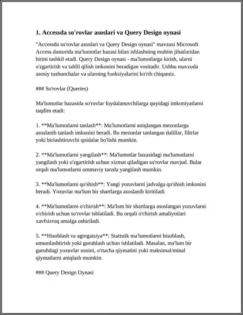 MBBT ACCESS DASTURIDA SO'ROV VA HISOBOTLAR TAYYORLASH 4