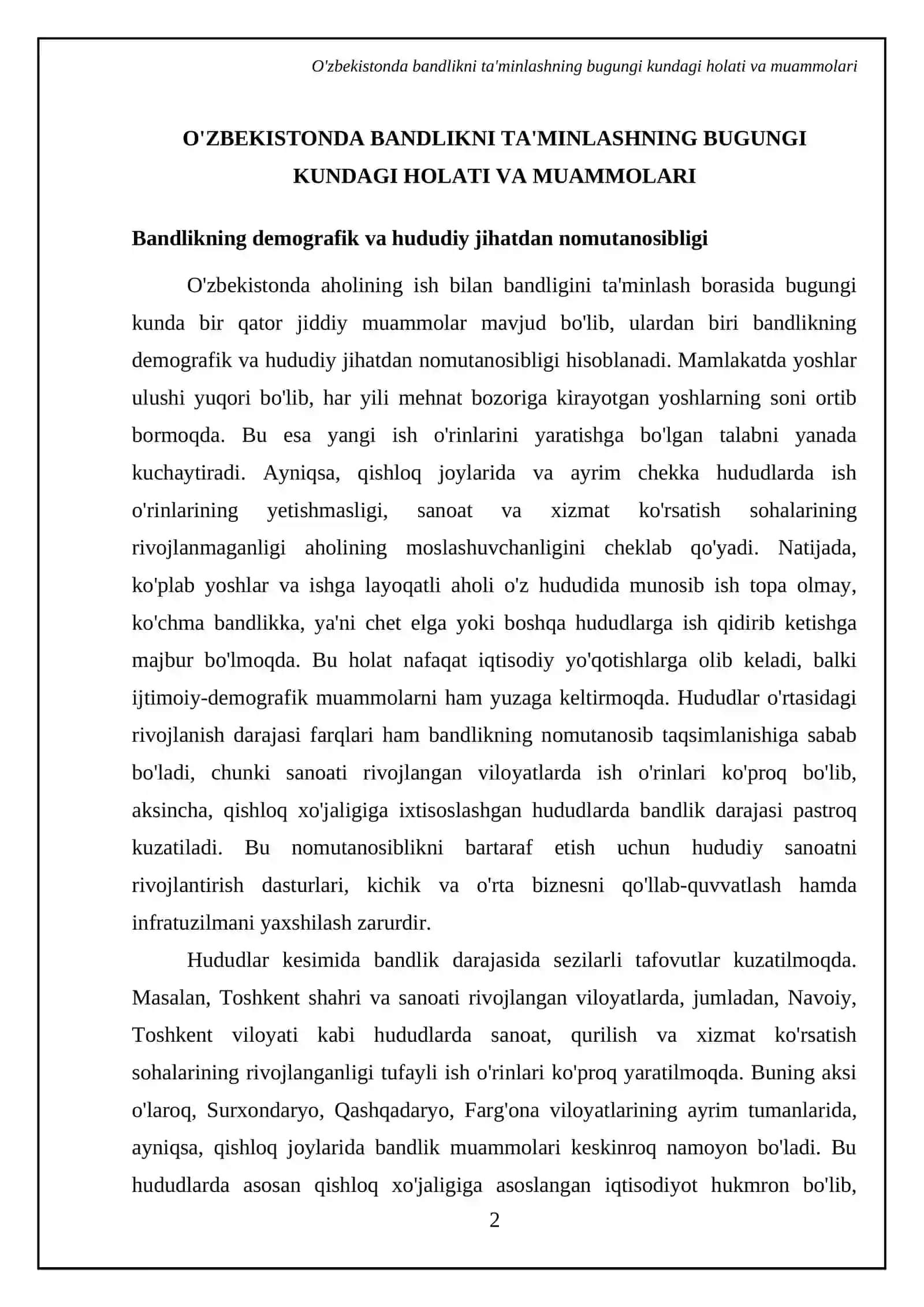 O'zbekiston respublikasida aholining ish bandligini taminlash va ijtimoiy himoyalash moammolari 4