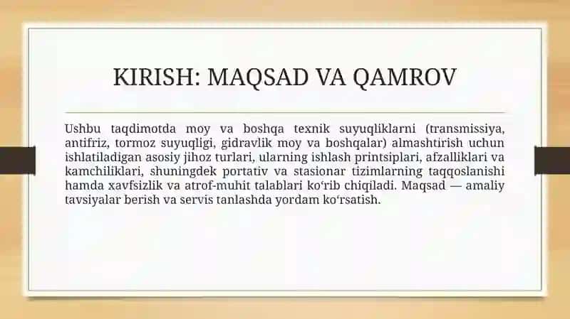 Moy va texnik suyuqlik larni almashtirish haqida ma'lumot. 4
