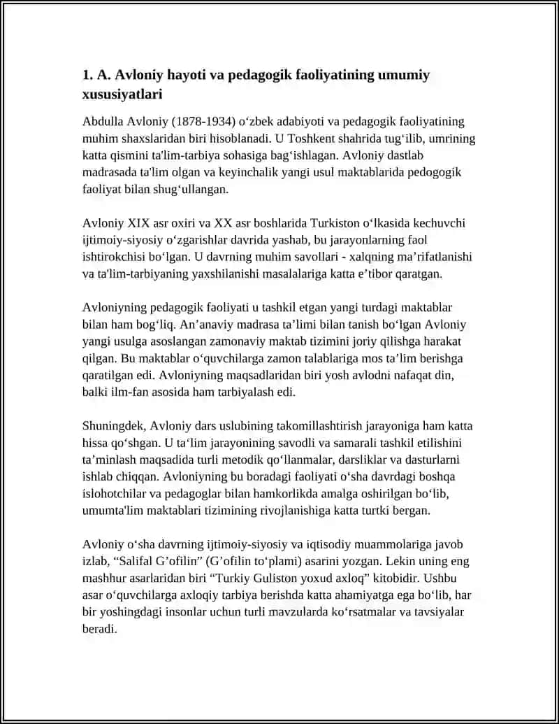 A.AVLONINING PEDAGOGIK FAOLIYATI.YANGI MAKTABLAR, OʻQUV JARAYONLARI,DARS USLUBI TASHKIL ETISHDAGI FAOLIYATI."TURKIY GULISTON YOHUD AXLOQ"ASARINING TA'LIMIY VA TARBIYAVIY AHAMIYATI 4