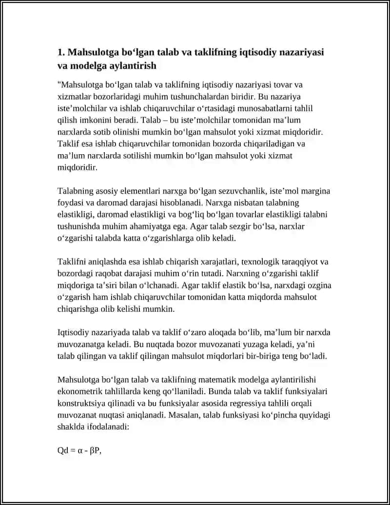 MAHSULOTGA BO’LGAN TALAB VA TAKLIFNING EKONOMETRIK MODELINI TUZISH VA PROGNOZINI AMALGA OSHIRISH 4