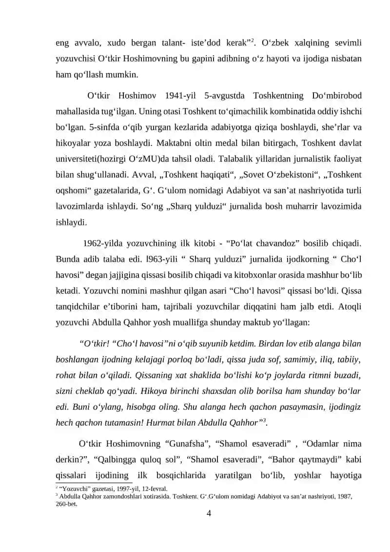 “O‘zbek adabiyoti” fanidan “O‘tkir Hoshimovning “Tushda kechgan umrlar” romanida fojiaviylik” 4