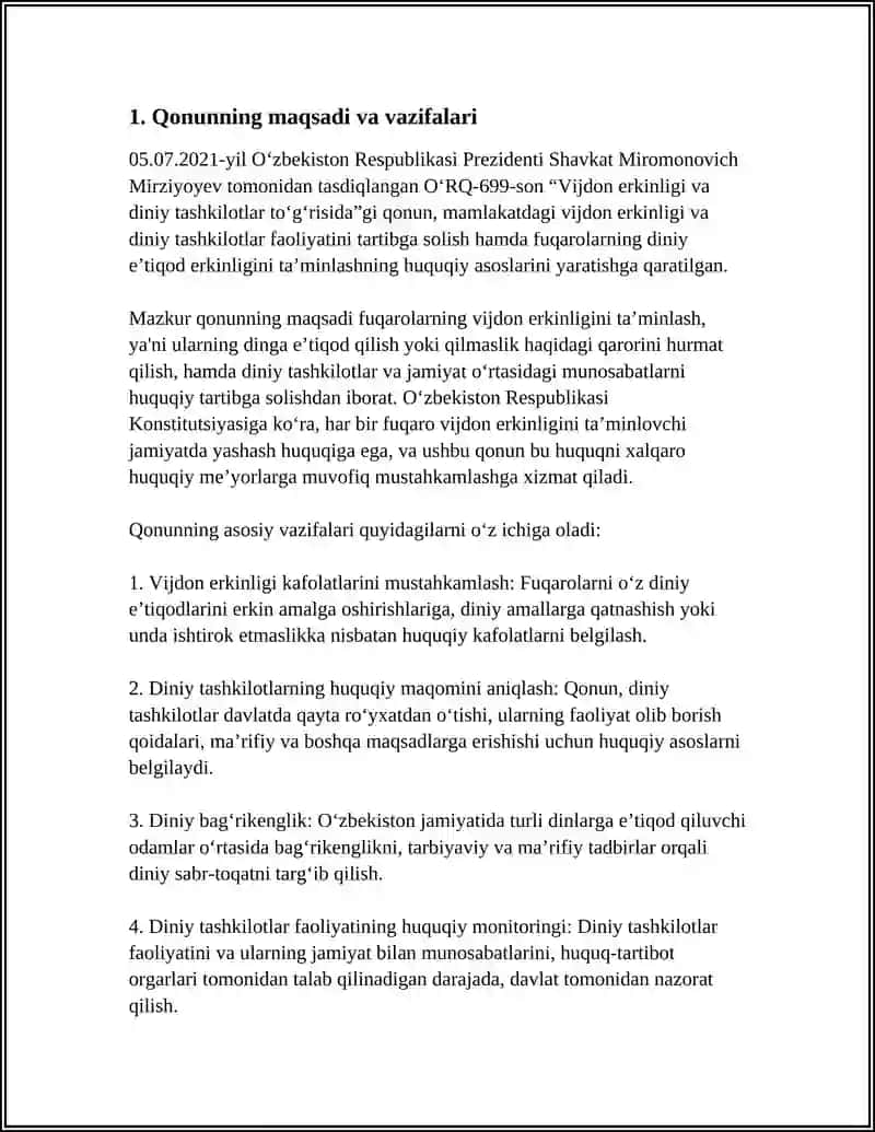 O‘zbekiston Respublikasi Prezidenti Shavkat Miromonovich Mirziyoyevning "Vijdon Erkinligi va Diniy Tashkilotlar To‘g‘risidagi Qonun" Referat 4