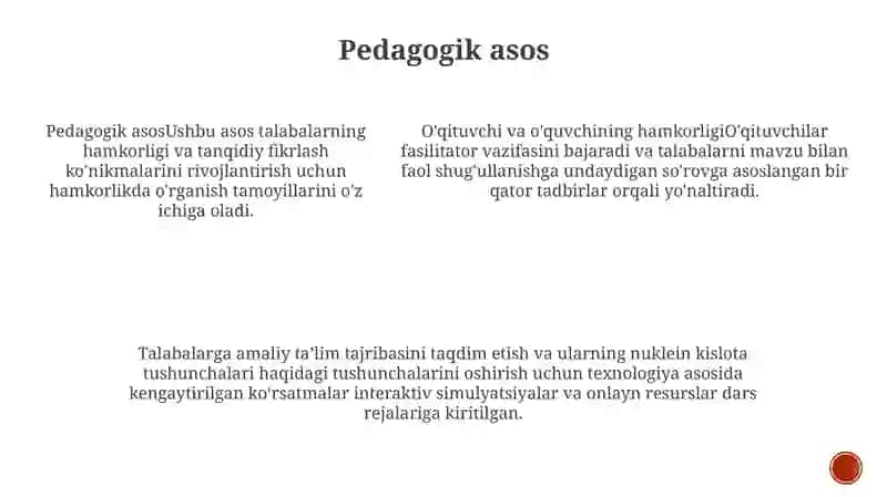 Nuklein Kislatalar Mavzusi Boyicha Oqituvchi Va Oquvchi Hamkorligi Oqitish Texnalogiyasidan Foydalanib Dars Ishlanmalarni Ishlab Chiqarish 4