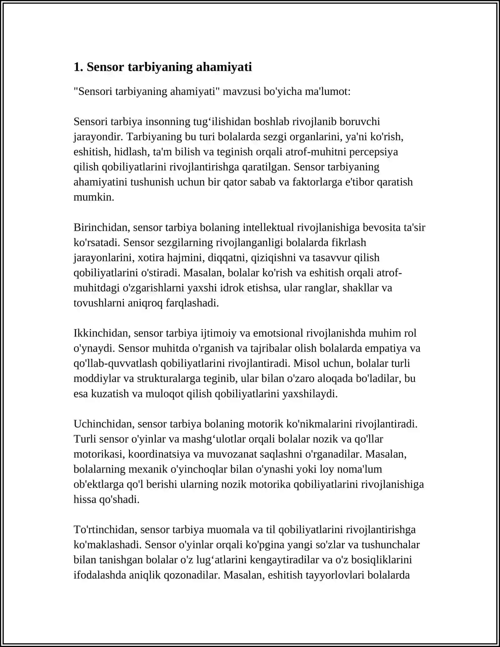 NUTQIDA NUQSONI BO‘LGAN BOLALARNI SENSOR TARBIYASI. SENSOR INTEGRATSIYA 4