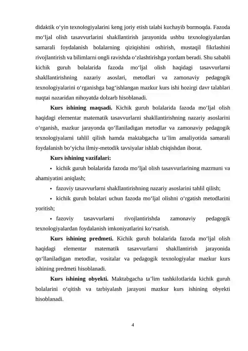 “Elementar matematik tasavvurlarni shakllantirish metodikasi” fanidan 4