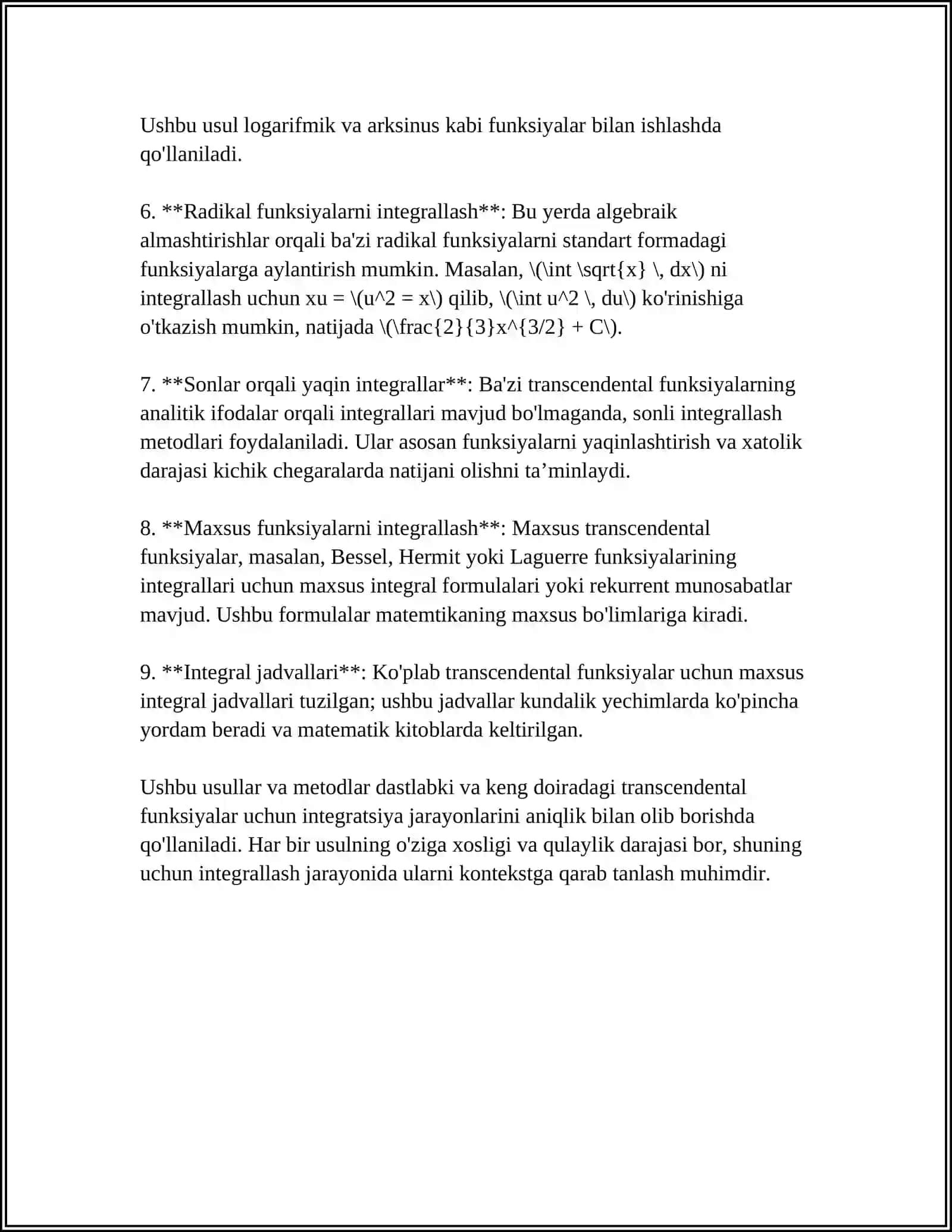 BA'ZI TRANSENDENT FUNKSIYALARNI INTEGRALLASH 4