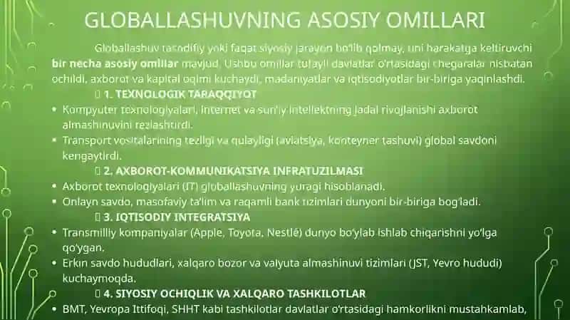 Globallashuv globalistika barqaror taraqqiyot jarayonlarining mohiyati 4