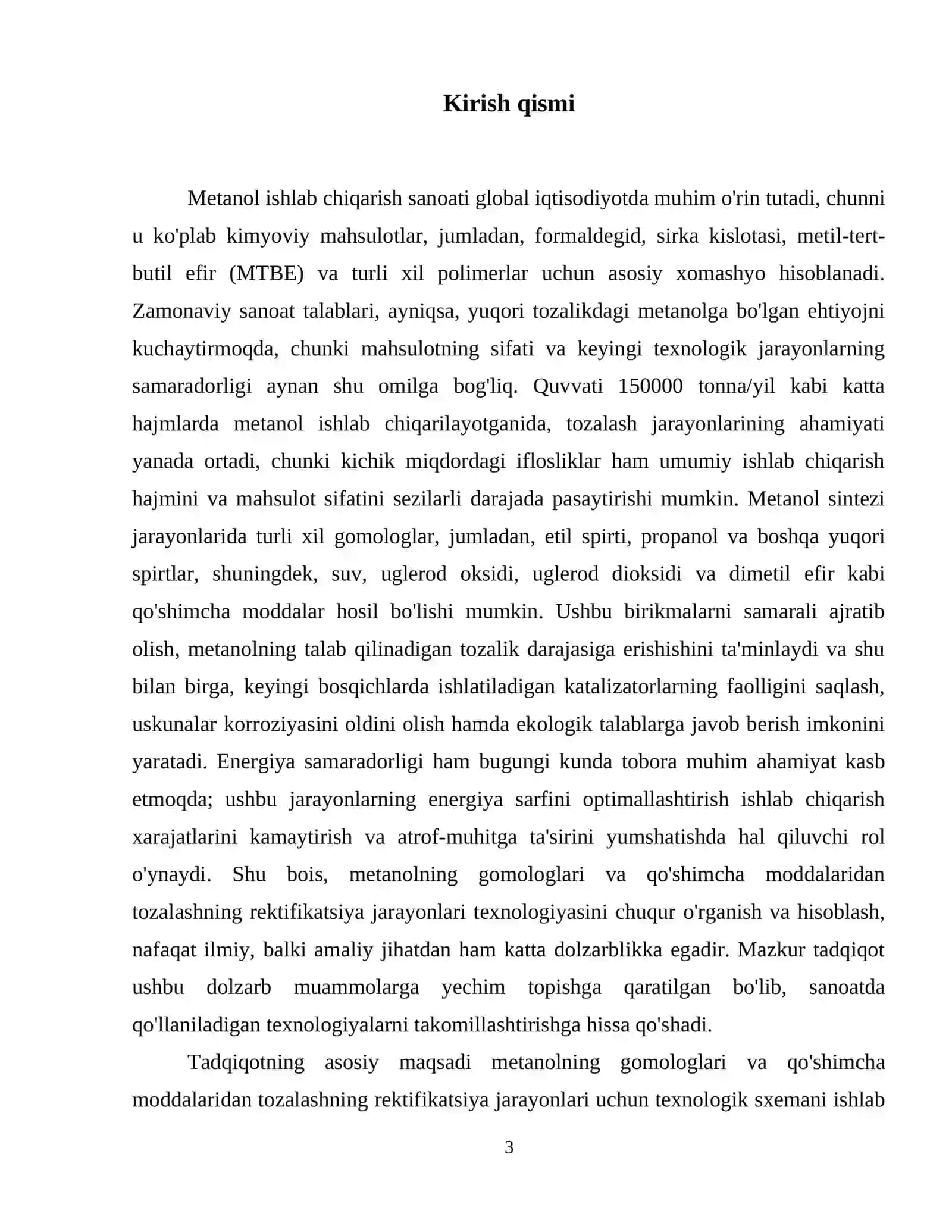 Quvvati 150000 t/y bo'lgan metanolning gomologlari va qo‘shimcha moddalardan tozalash rektifikatsiyasi jarayonlari texnologiyasini o‘rganish va hisoblash 4