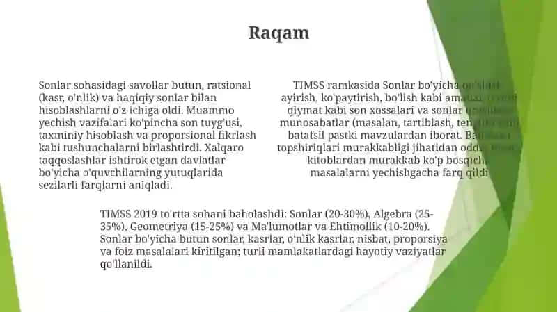 TiMSS xalqaro baholash dasturida matematikaga oid mazmun sohalari 4