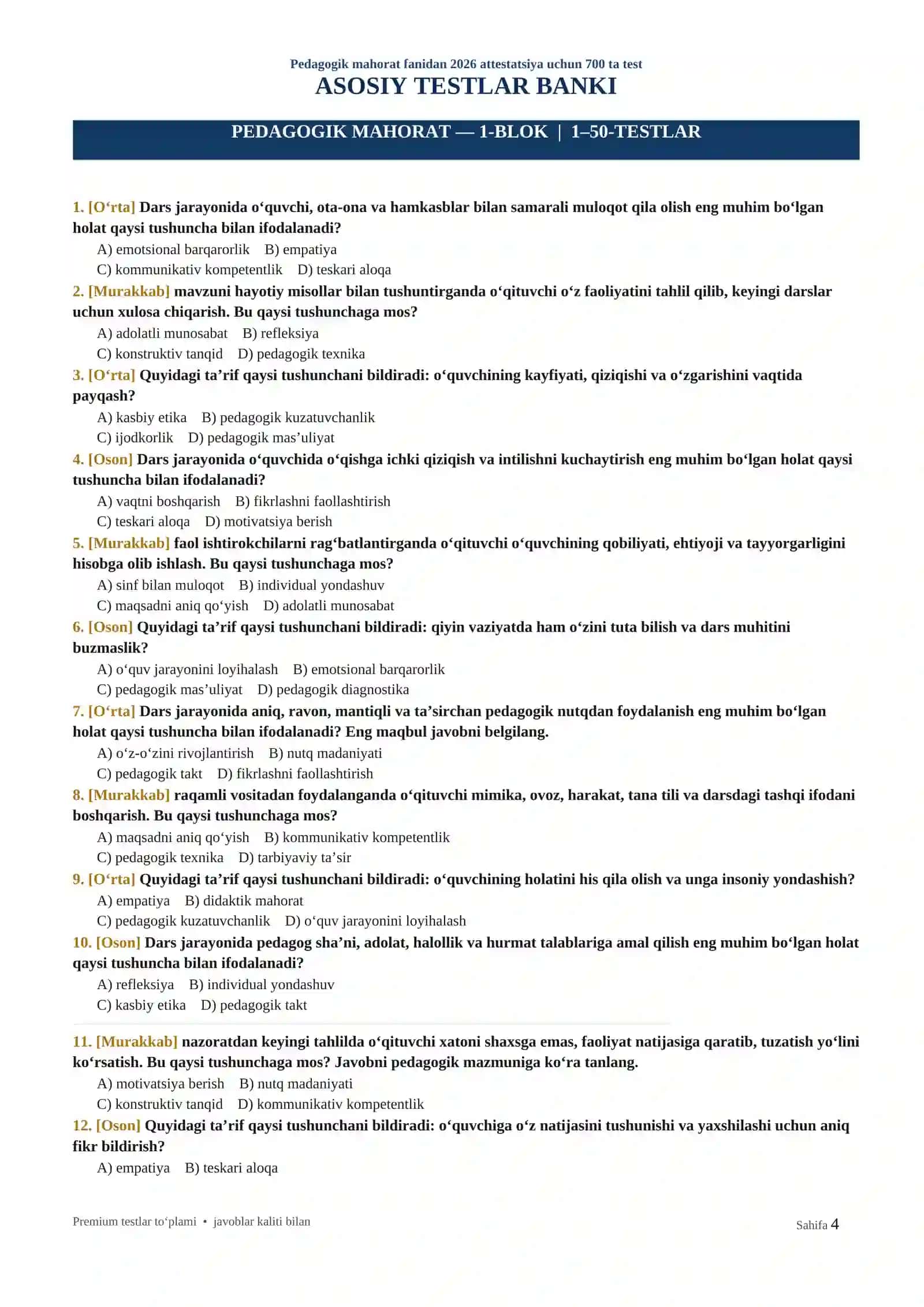PEDAGOGIK MAHORAT FANIDAN 2026 ATTESTATSIYA UCHUN 700 TA TEST JAVOBLARI BILAN 4