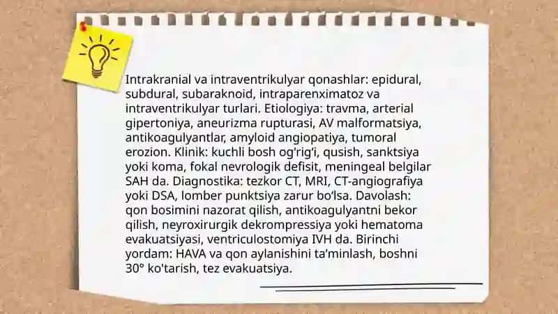 Bosh miyaga qon aylanishining oʻtkir buzulishi gemmoragik tipda etiologiyasi turlari klinikasi diagnostikasi davolash birinchi yordam koʻrsatish 4