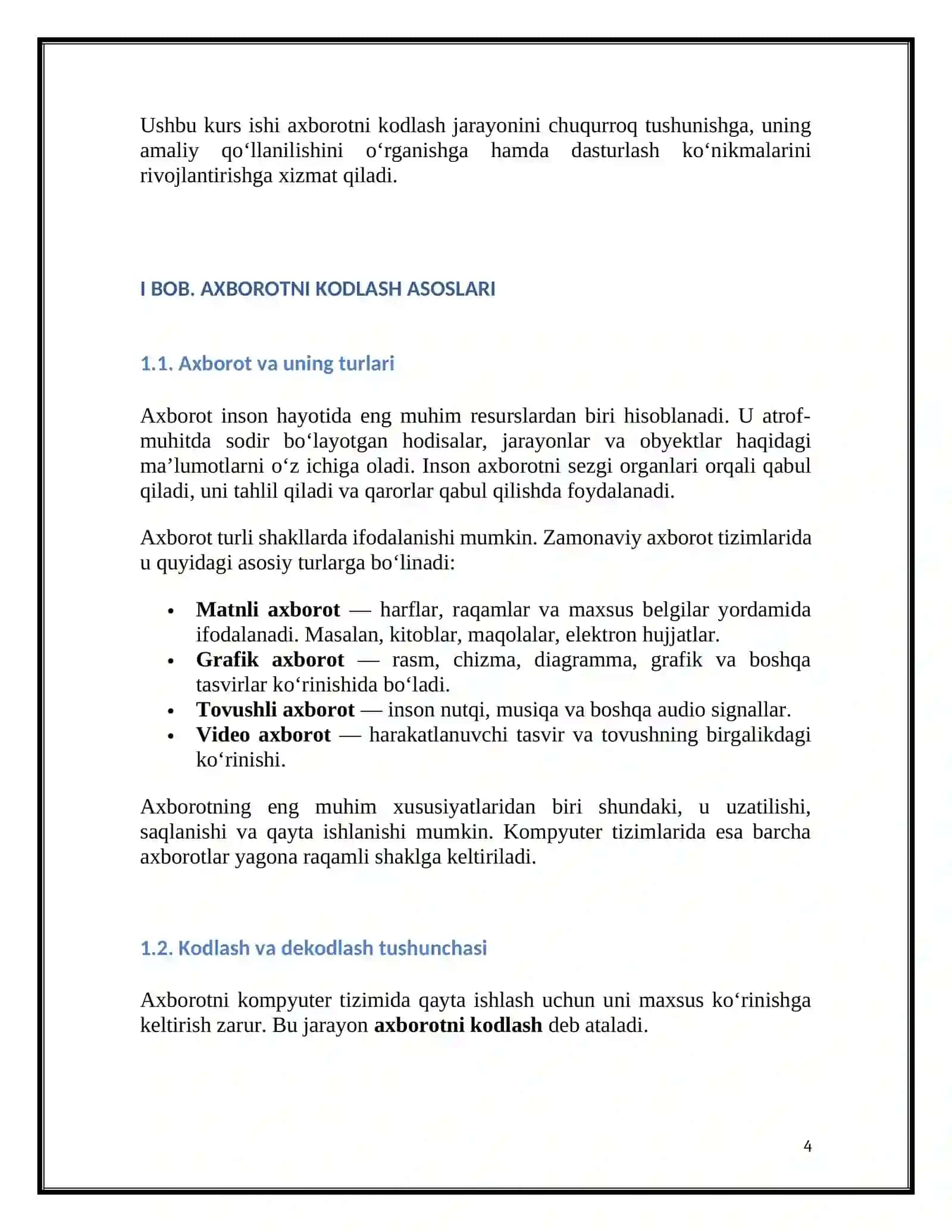 MATNLI VA GRAFIK AXBOROTLARNI KODASHGA DOIR MISOLLAR 4