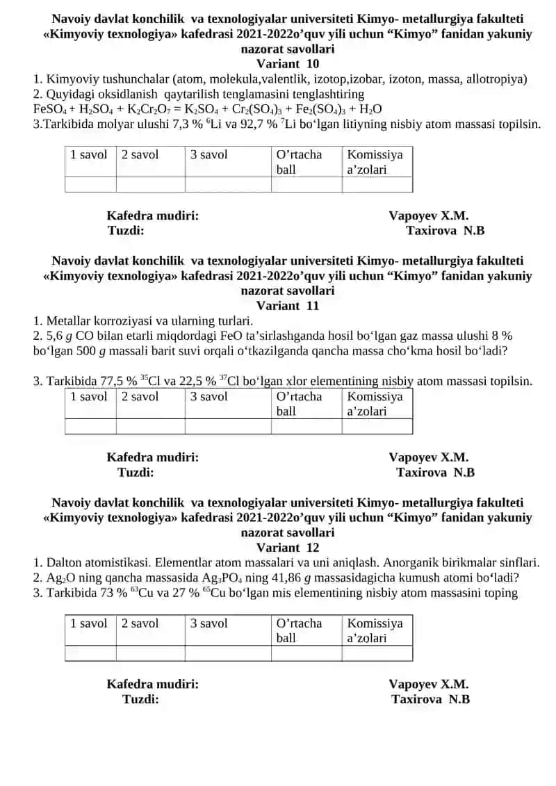 Kimyoviy texnologiya nazorat savollari 4