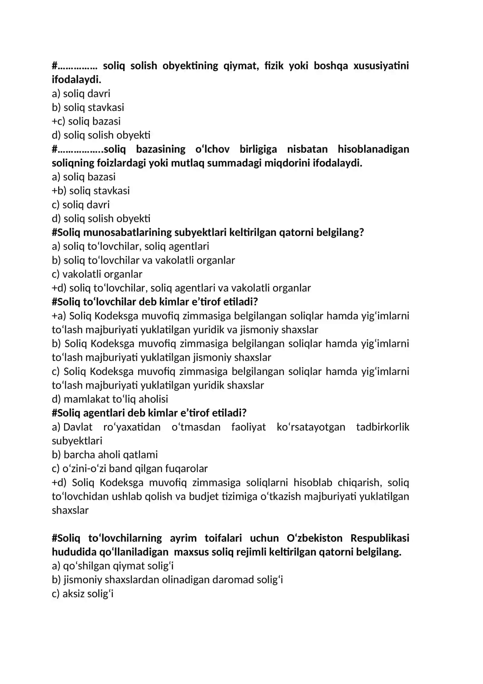 Soliqlar va soliqqa tortish fanidan test savollar bazasi 4