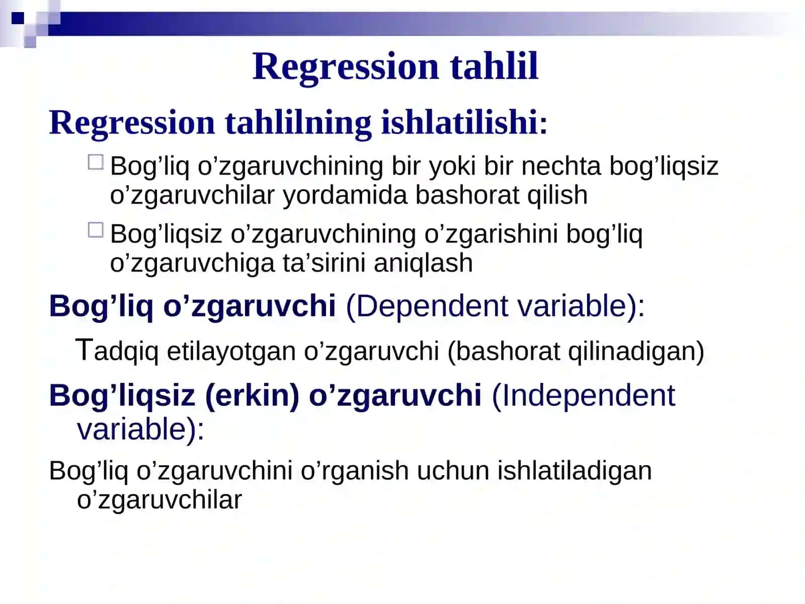 Regression tahlilning asosiy ta’rif va tushunchalari. Juftlik chiziqli regressiya. Juftlik regressiyaning chiziqli tenglamasi 4
