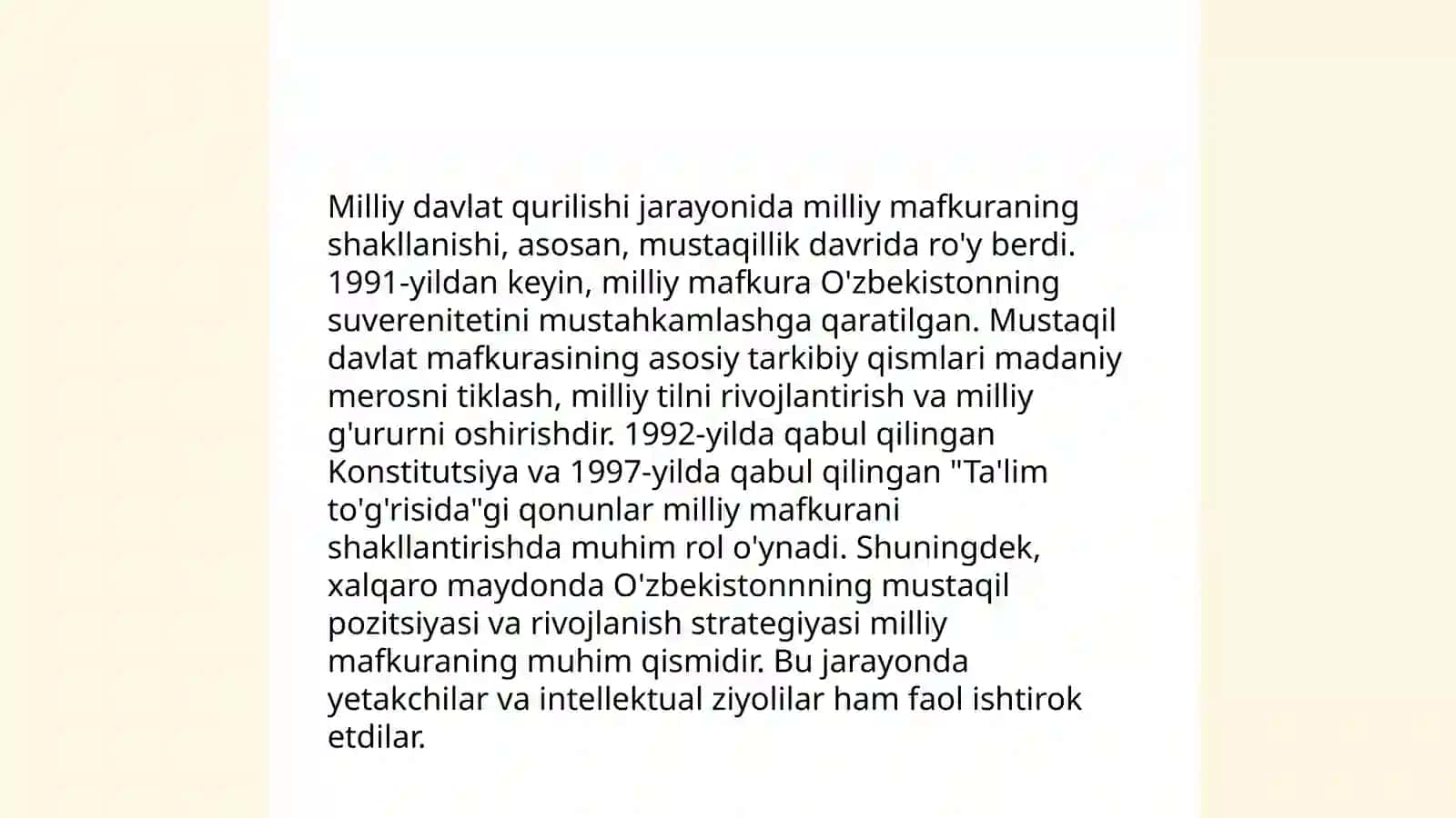 Mustaqillik sharoitida milliy mafkurani shakllantirish va uning yordamida milliy g‘oyani xayotga tatbiq etish zaruratining paydo bo‘lganligi 4