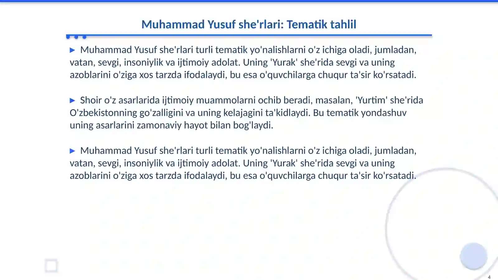 Badiiy matn tahlili namunasi:Muhammad Yusuf she'rlari ta'limoti 4