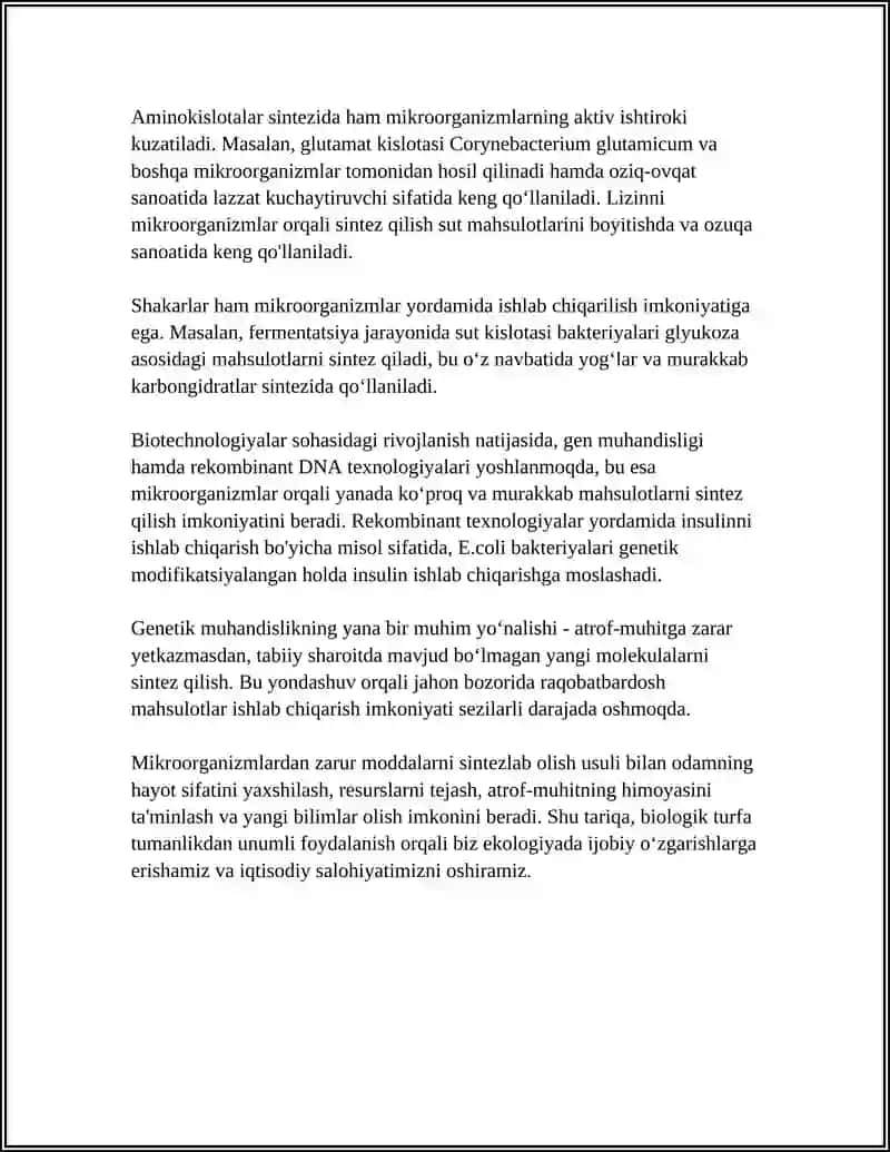 MIKROORGANIZMLARDAN ZARUR MODDALARNI SINTEZLAB OLISH 4