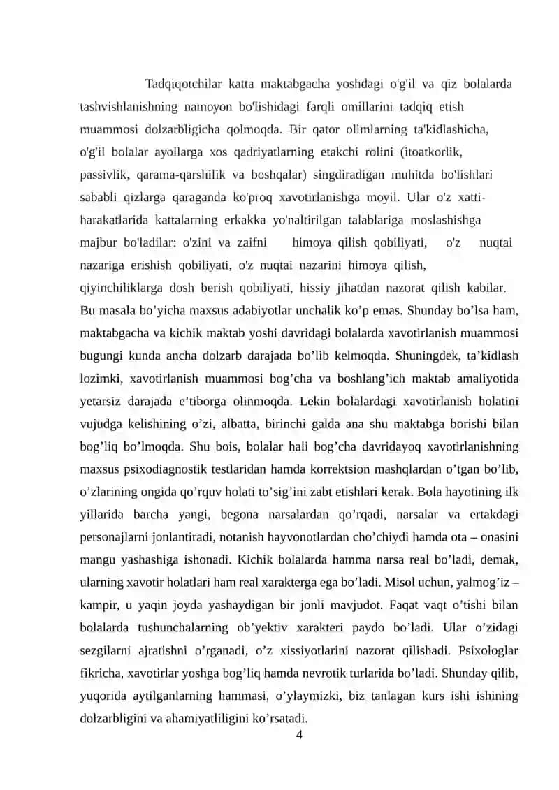 Maktabgacha yoshidagi bolalarda psixologik xavotirlanish holatlarining namoyon bo’lishi 4