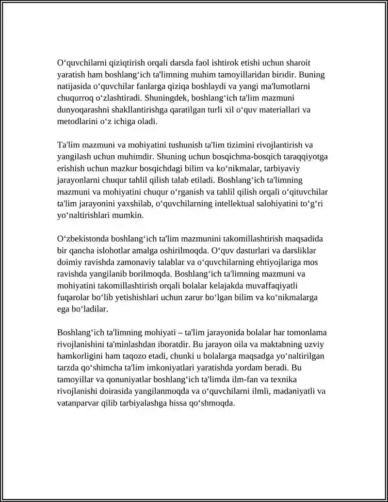 BOSHLANG'ICH TA'LIM MAZMUNI VA MOHIYATI. BOSHLANG‘ICH SINFLAR TA'LIM TAMOYILLARI VA QONUNIYATLARI REFERAT 4