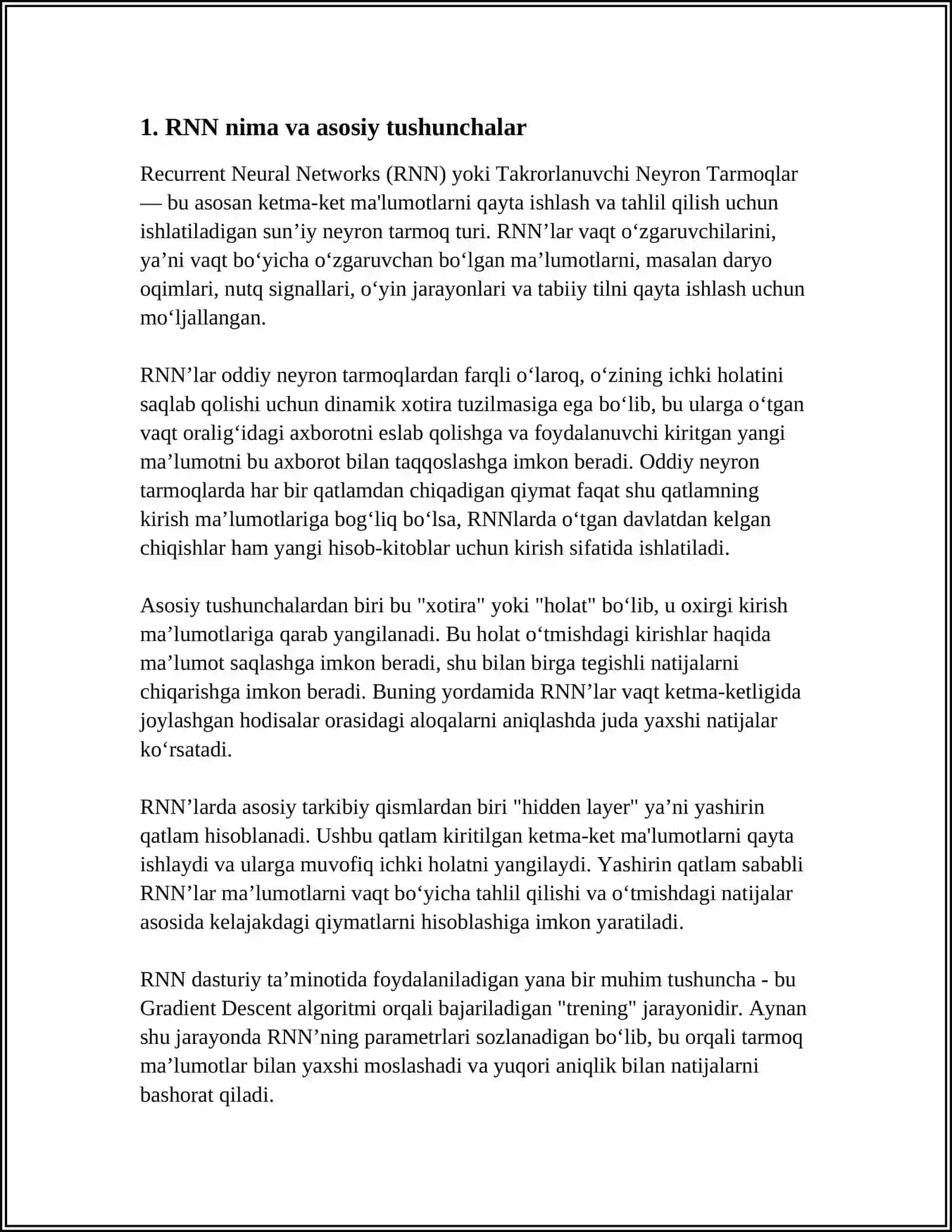 RECURRENT NEURAL NETWORKS (RNN) HAQIDA TUSHUNCHA 4