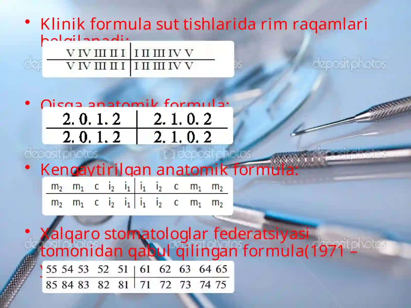 Sut va doimiy tishlarning anatomik, klinik va eng yangi formulalari (slayd/ mustaqil ish/ taqdimot/ prezintatsiya) 4