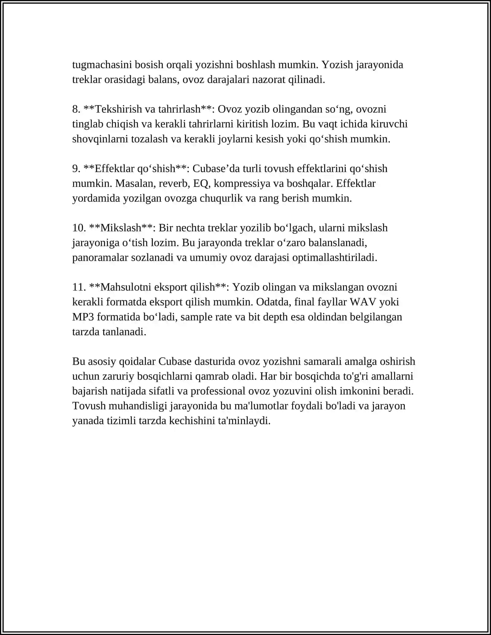 AUDIO FAYLLARNI QAYTA ISHLASH DASTURLARI: CUBASE DASTURIDA OVOZ YOZISH TEXNOLOGIYASI 4