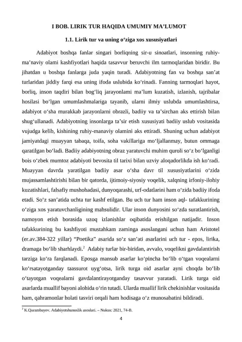 Lirik turga mansub janrlar va ularning o‘zbek mumtoz adabiyotida tutgan o‘rni 4