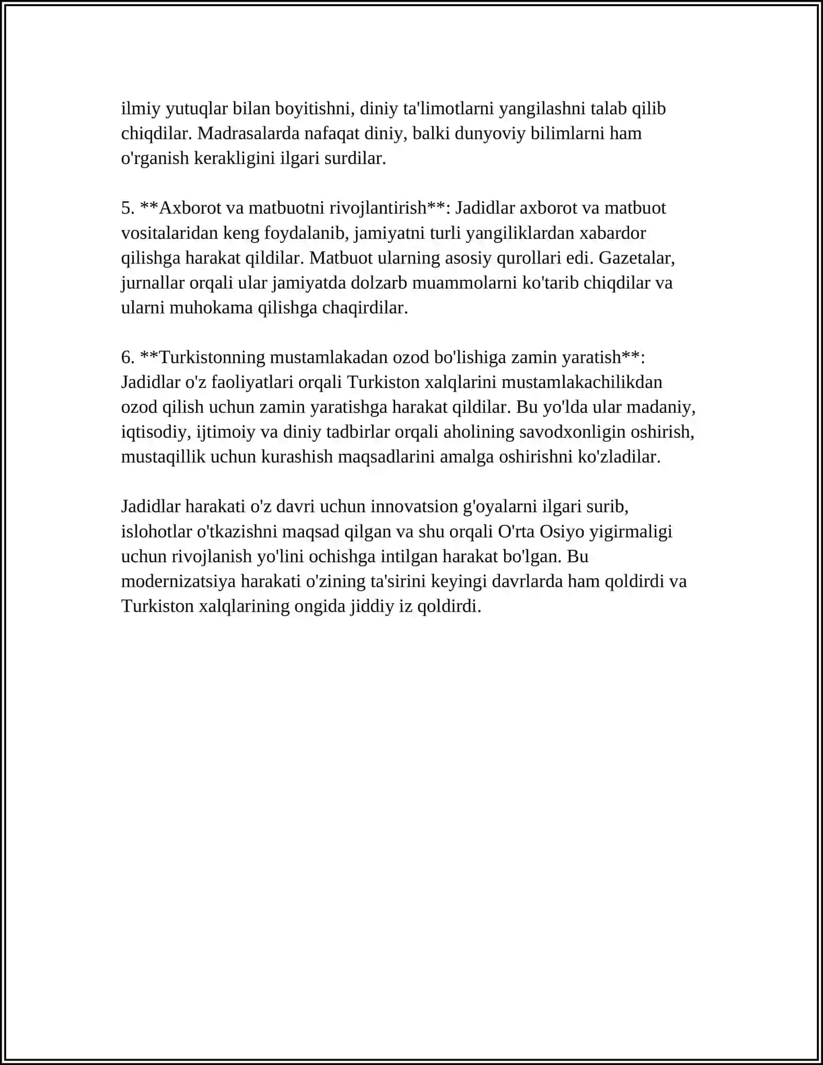 JADID MA’RIFATPARVARLARINING O‘LKA IJTIMOIY-MA’NAVIY HAYOTIDA TUTGAN O‘RNI (MUNAVVAR QORI, FITRAT, BEHBUDIY, AVLONIY VA BOSHQ.) 4