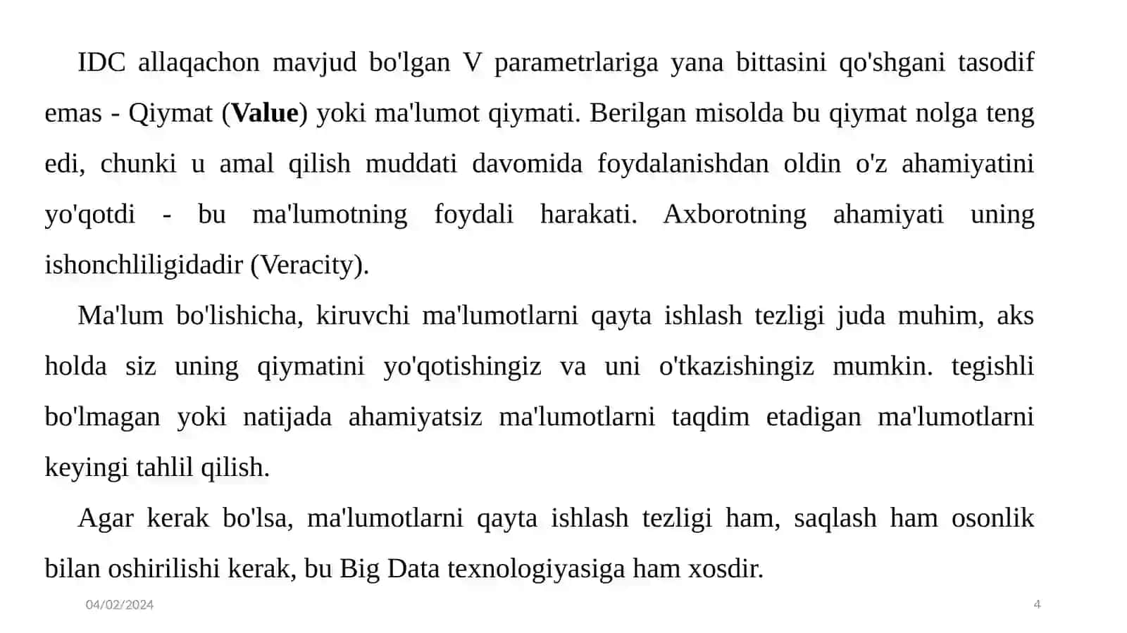 KATTA HAJMLI MA'LUMOTLARNI BOSHQARISH ASOSLARI 4