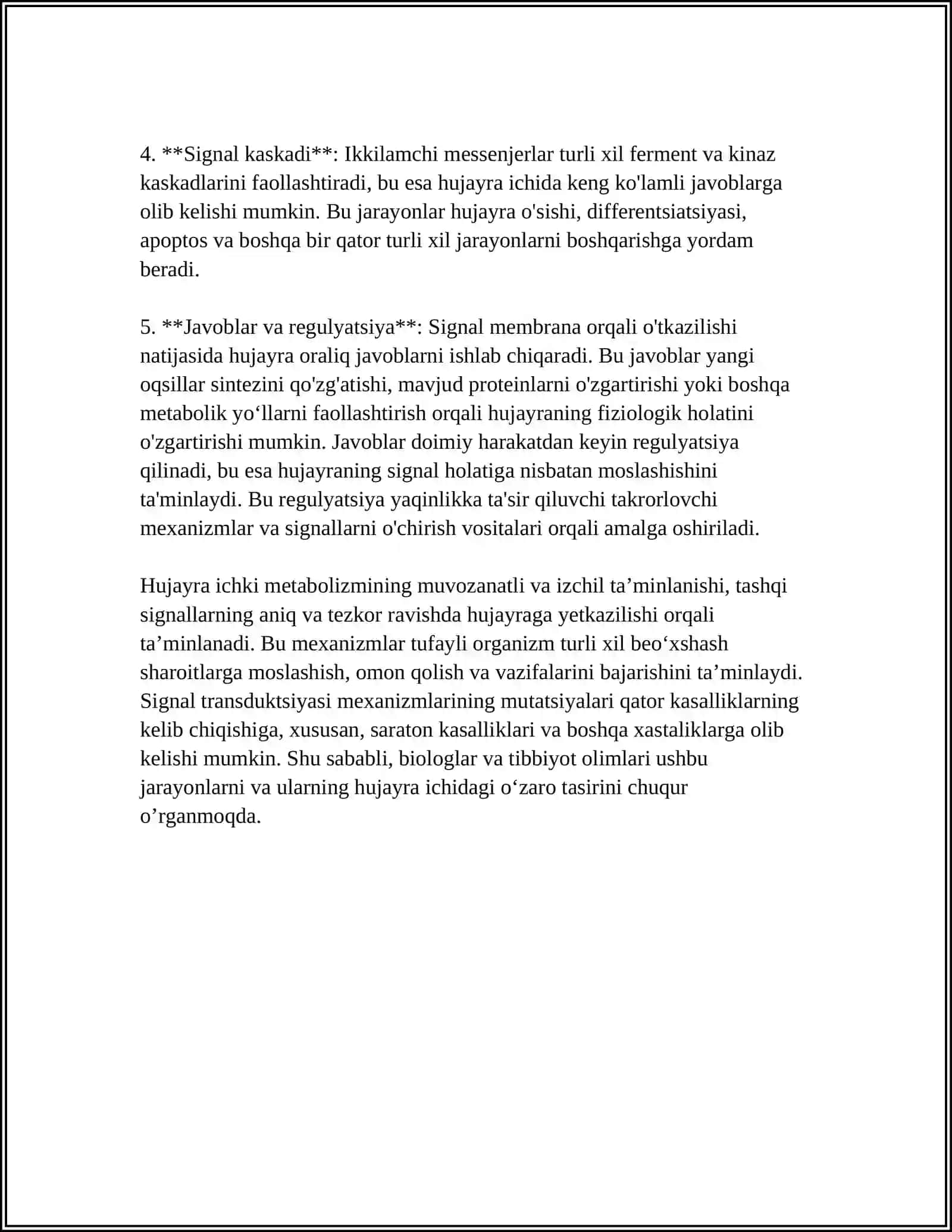 SIGNALLARNI MEMBRANALAR ORQALI OTKAZILISHI.MEMBRANALAR BUZILISHLARNI PATOLOGIK JARAYONNI KELIB CHIQISHIDAGI ORNI 4