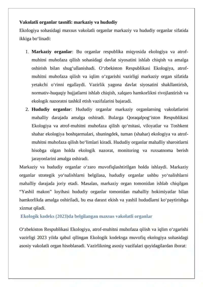 Ekologiya soxasida maxsus vakolatli davlat boshqaruv organlari va ularning vazifalari 4