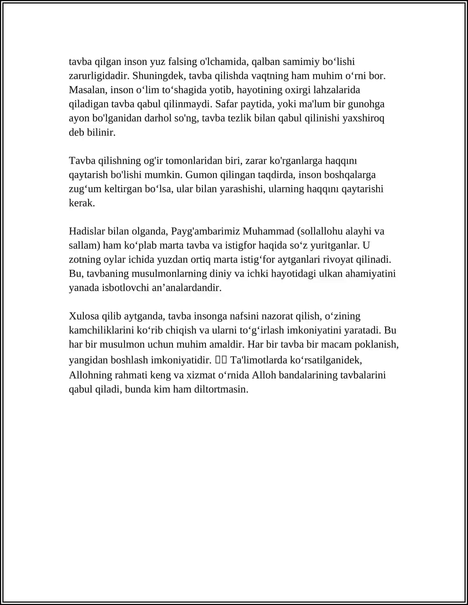 TAVBA ASARINING TAHLIL ETISH VA SHU MAVZU ASOSIDA MUSTAQIL ISH 4