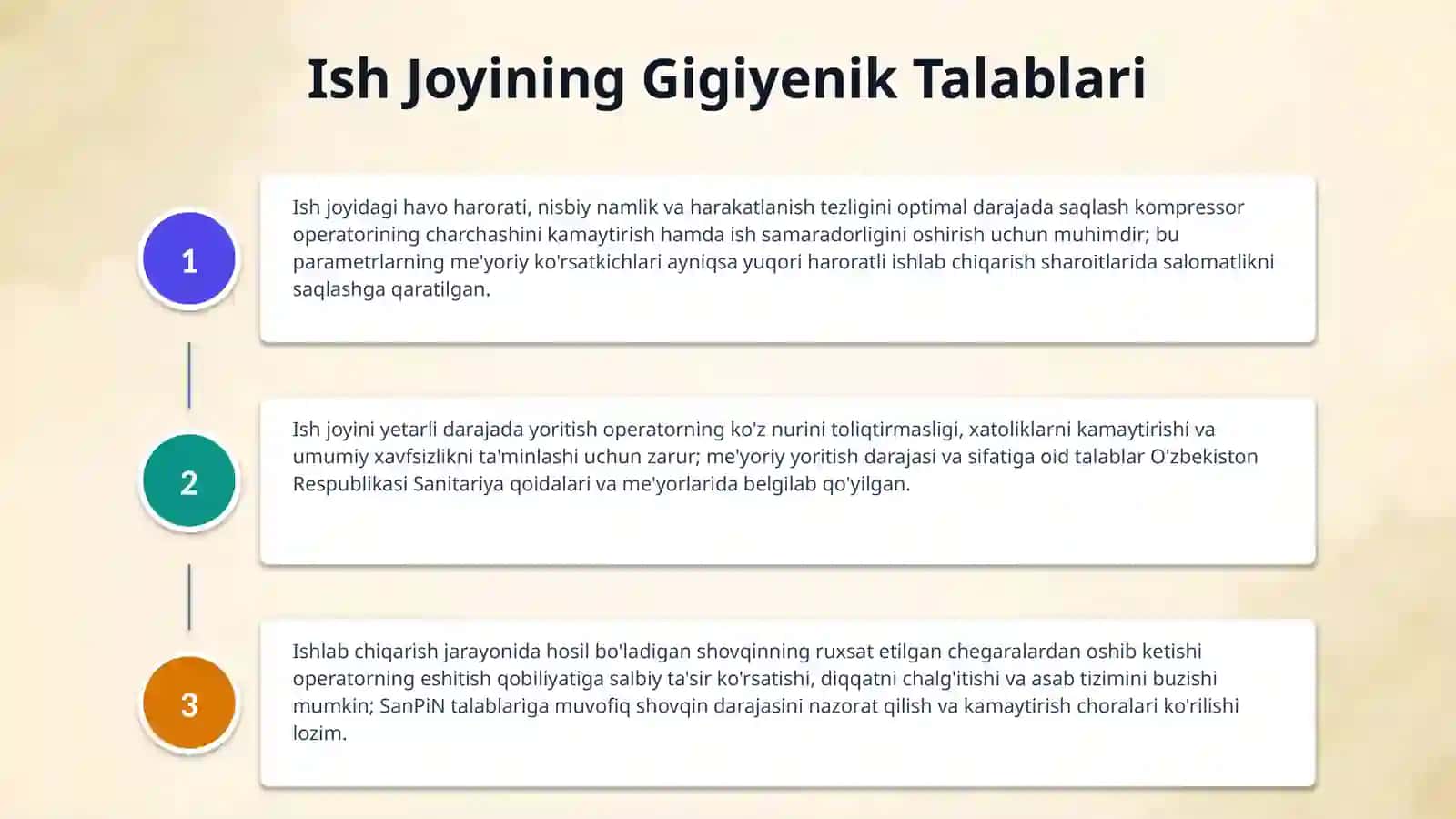 Kompressor operatori ish o'rnining ergonomik tashkil etishga qoyiladigan talablar. 4