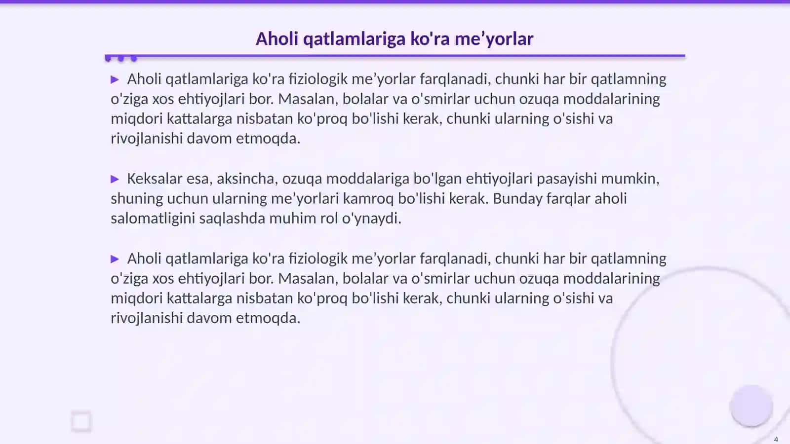 Aholini har xil qatlamlari uchun fiziologik meʼyorlar 4