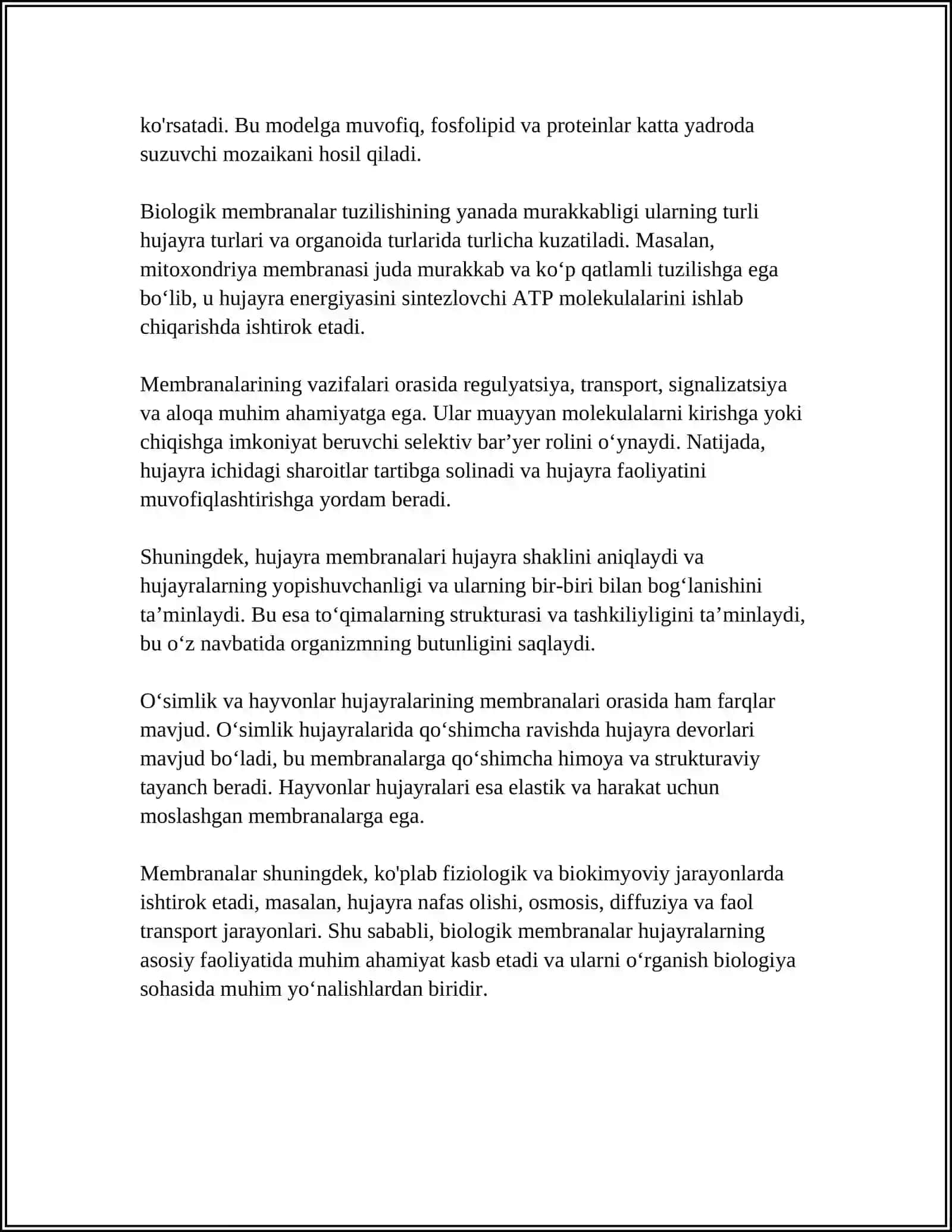 BIOLOGIK MEMBRANALAR TIRIK ORGANIZMLAR FAPLIYATINING ASOSI.BIOLOGIK MEMBRANALAR MODELLARI 4