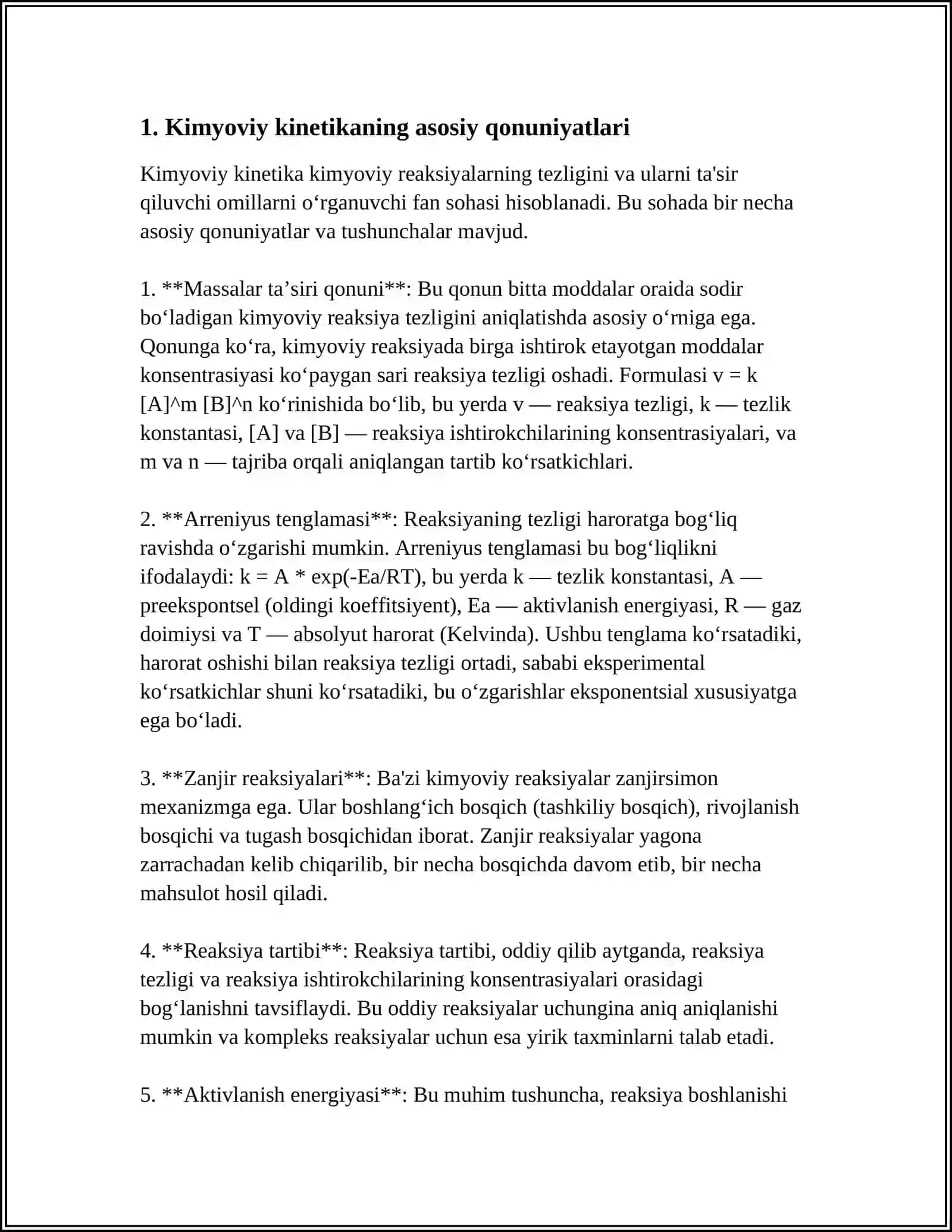 REFERAT Mavzu: 1.KIMYOVIY KINETIKA VA MUVOZANAT 2.ELEKTROLIT ERITMALAR TUZLARNING GIDROLIZI 3.OKSIDLANISH QAYTARILISH REAKSIYALAR 4