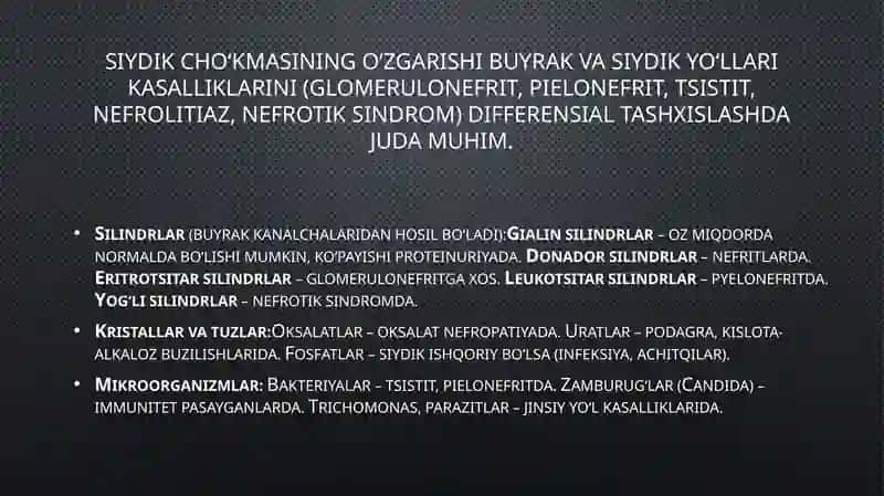 Siydik cho‘kmasining o‘zgarishi. Patologik siydik cho‘kmasidagi o‘zgarishlarni qiyosiy tashxislash.Pielonefrit, glomerulonefrit, interstitsial nefrit qiyosiy tashxislash. OSH taktikasi.» 4