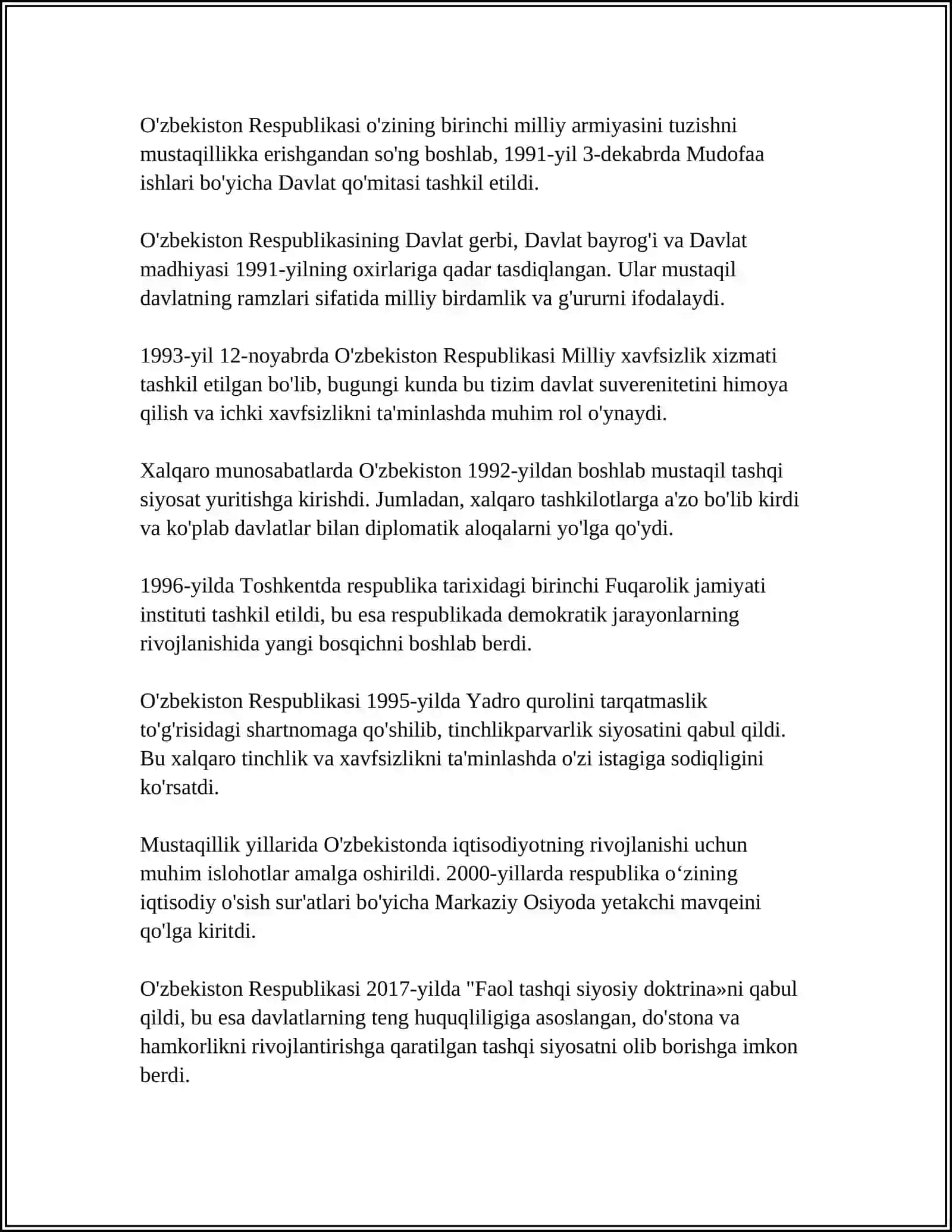 OZBEKISTON RESPUBLIKASI DAVLAT MUSTAQILIK ASAOSLARI TOGRISIDAGI QONUN 4